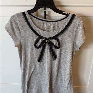 LOFT Gray Short Sleeve Tee with Black Bow and Beaded Accent